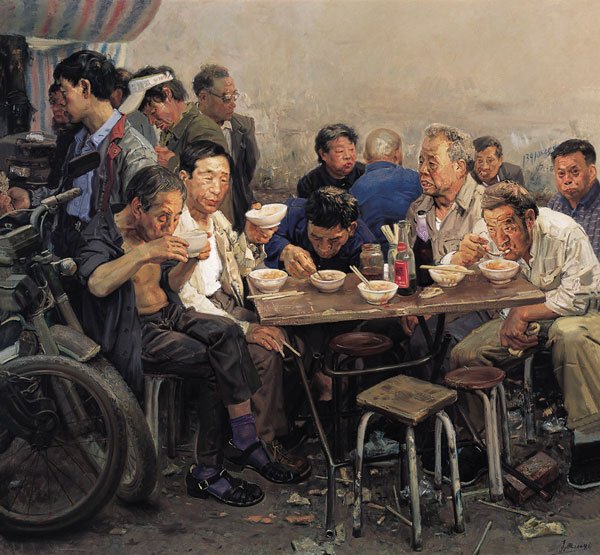 油画家忻东旺作品《早点》